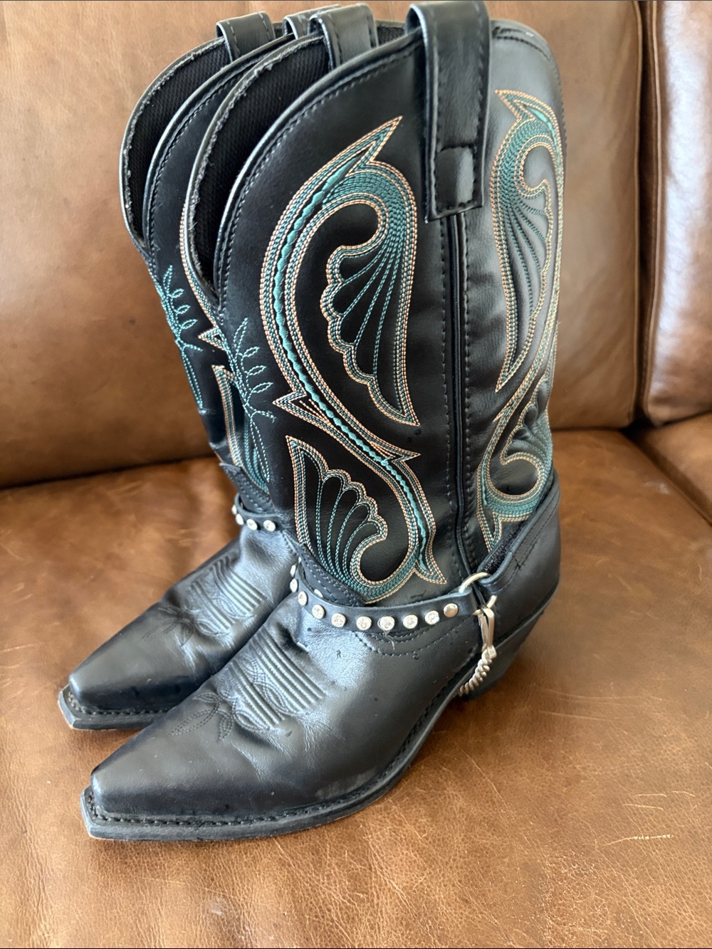 Laredo Women's Black Western Cowboy Boots with Teal Stitching